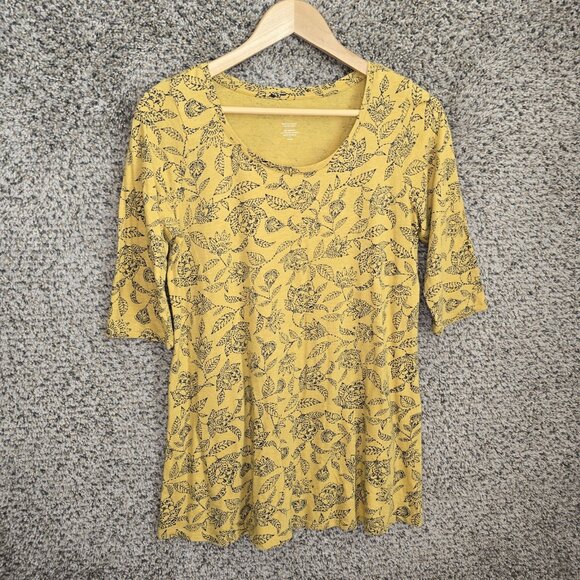 J Jill Pure Jill Top Womens SP Petite Small Yellow Ballet Sleeve Tunic Floral - Picture 1 of 7